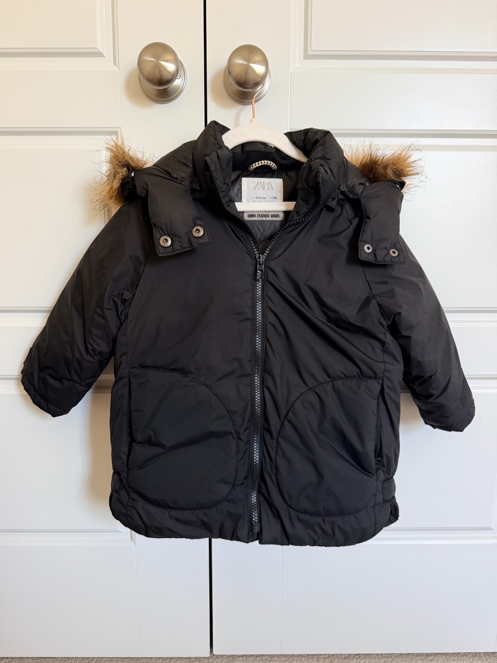 Zara Black Kids Puffer Coat with Removable Faux Fur Trim